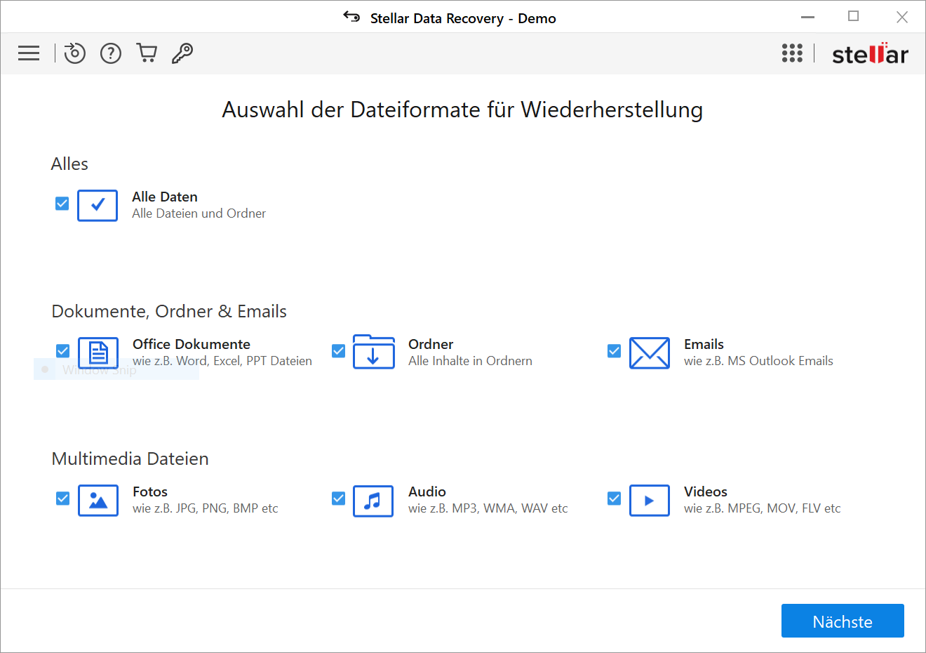 Wählen Sie die Art der Daten, die Sie wiederherstellen möchten, und klicken Sie auf die Schaltfläche "Weiter".